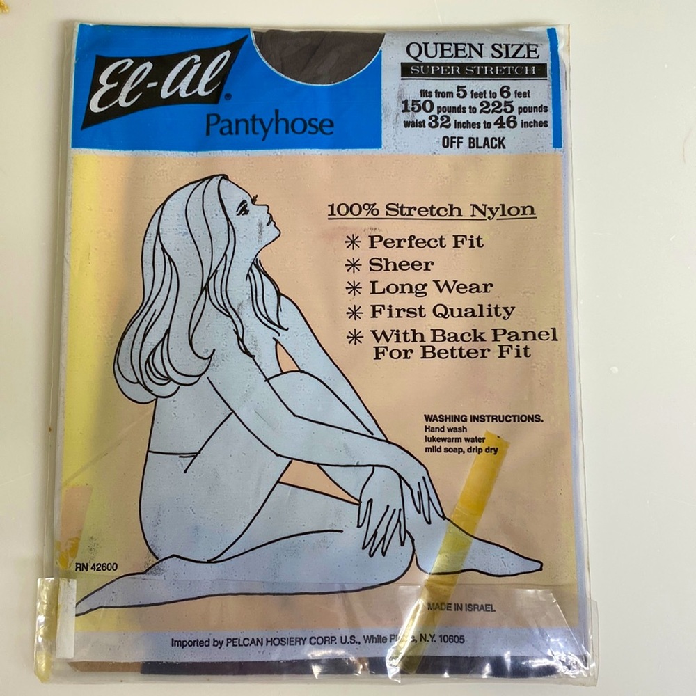Vintage El-Al Queen Size Off Black Super Stretch Sheer Pantyhose NEW